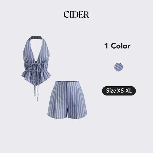 Cider Cotton-blend Halter Neckline Stripe Tie Front Shirred Top &  Mid Rise Shorts Set