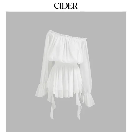 Cider Off-shoulder Lantern Sleeve Asymmetrical Ruffle Hem Mini Dress