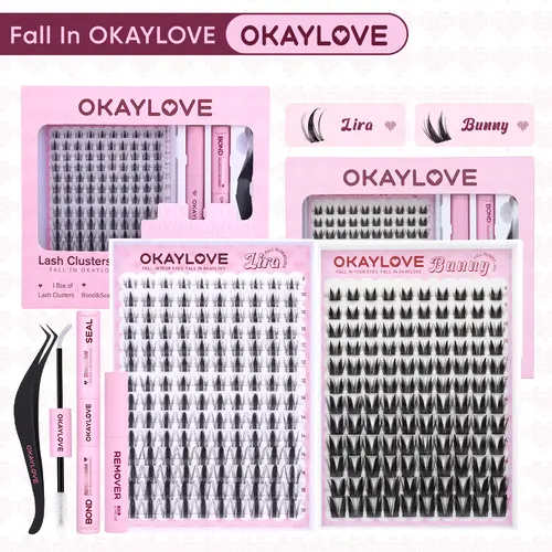 OKAYLOVE Lightweight C Curl Synthetic Fiber Clusters Lashes Kit - False Eyelashes Extensions, Waterproof Long-Lasting Lash Glue, Bond, Tweezers, Remover for DIY Home Styling - Accessories Bundle (Ideal for Girls) #backtoschool #sohochic