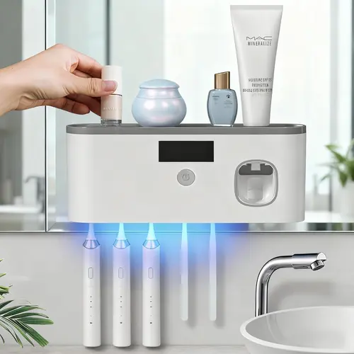 1 PCS Wall-Mounted Multifunctional Bathroom Organizer - Adhesive-Backed No-Drilling Toothbrush Holder, Multi-Slot Storage Dispenser for Toothbrushes & Toothpaste, Solar-Charged Household Items, Apartment Accessories with 70-Day Standby Time