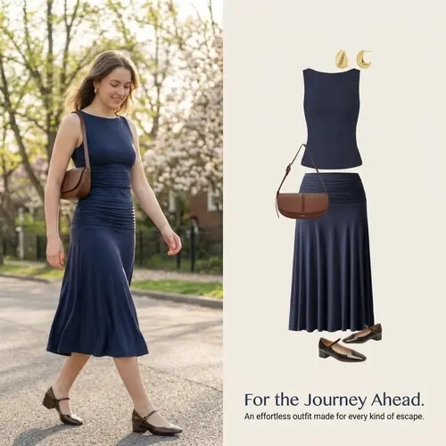 OGL 2Pcs Set Open Back bra tops & Side Ruched A-line Midi Skirt with Built-in Bra for Womenswear - matching sets women Fall Deals For You