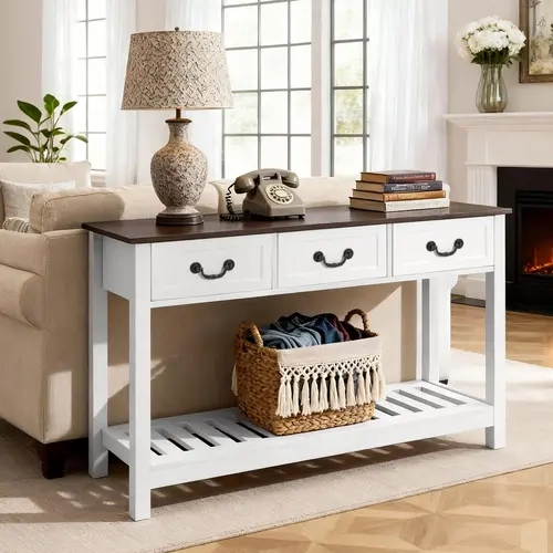 VEVOR 47in Farmhouse Rectangular Table - Narrow Wooden Entryway Console Table with Drawers, Bottom Shelf Space & Antitip Stability, Home Furniture for Small Spaces, Brown+White Study Desk Decor