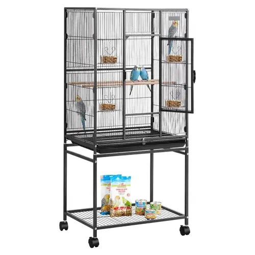 VEVOR Bird Cage, 24.6 x 16.7 x 53.9 inch, Flat Top, Wrought Iron Bird Flight Cage with Perches, Slide-Out Tray and Plastic Feeders, Casters, for Parrot, Blue Tit, Cockatiel, Canary, Budgerigar, Conure#SohoChic