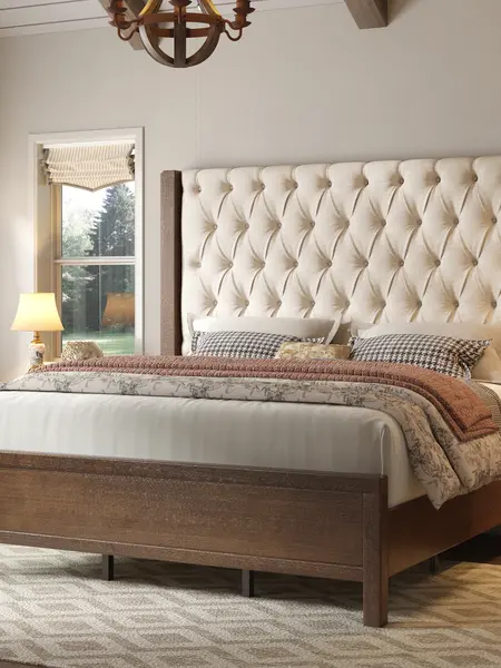 [Summerwins] AMERLIFE Solid Wood Bed Frame, 57" Tall Farmhouse Platform Beds, Upholstered Line Wingback Headboard, Deep Button Tufted, No Box Spring Needed, Easy Assembly