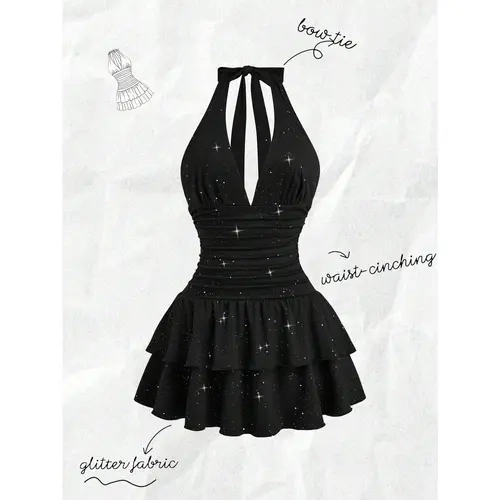 Women's Casual Shiny Dress - Feminine Halter Neck, Sleeveless, Breathable Fabric, Adjustable Tie Waist, Double Ruffle Hem, Belted Accessory-Included Going Out Evening Outfit, Chic Women's Clothes