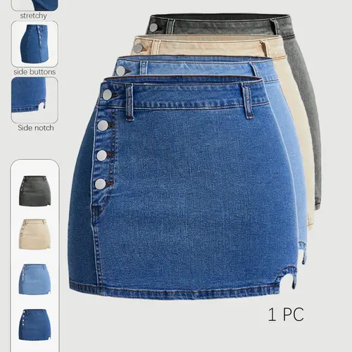 Women's Wash Denim Skirt, Slim-Fitting High-Waist Short Skirt, Basic Casual A-line Skirt, Button Closure Design, Plain Pattern, Summer Fashion