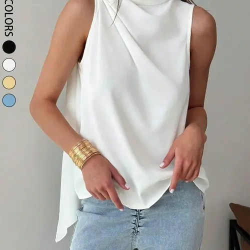 Women's Casual Basic Solid Color Shirt, Blouse Shirts, Sleeveless Blouse With Ruched Hemi Swing For Women, Ladies' Relaxed Fit Plain Top, Comfortable Daily Wear