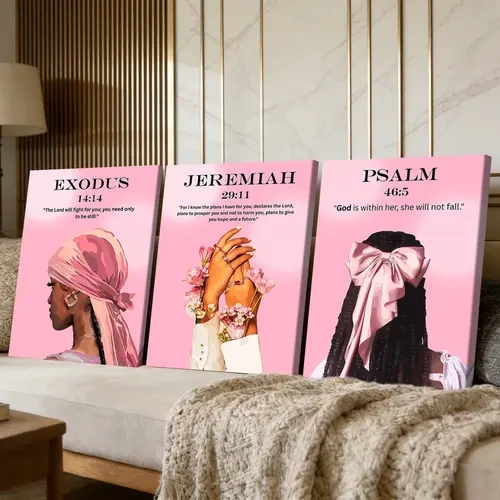 3 Counts Wooden Framed Canvas Paintings, Pink Faith Inspirational Art Prints, Religious Picture Prints, Living Room Decoration, Modern Wall Art Decoration, Waterproof Home Wall Decor, Decorative Artwork, Decoration Items