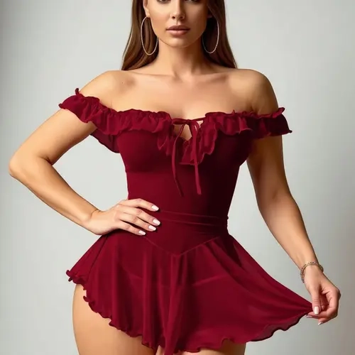 2-Piece Burgundy Off-Shoulder Sleeveless Ruffle Strap Chemise Nightgown & Panty Set, Waist Cinched Mini Dress, Sexy Loungewear for Date Night & Night Out, Valentine's Gift Lounge Dresses, Nightwear, Nighty Dress, Sleeveless Nightdress