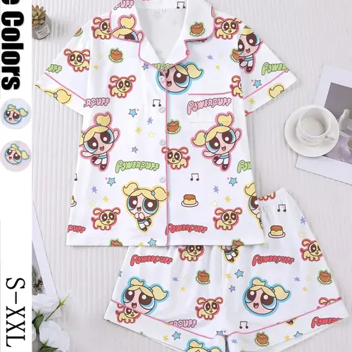 Flying Girl Print Women's Pajama Set, Short Sleeve Button-Up Soft Top and Loose Elastic Shorts, Casual Home Wear for Daily Use, Nightwear, Loungewear Pjs Set