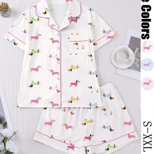 Women's Cartoon Dog Print Sleepwear Set, Casual Fitted Short Sleeve Top & Elastic Shorts, Comfortable Home Wear for Spring & Summer, Pajama Set, Soft Sleepwear & Loungewear, Lounge Pjs Set
