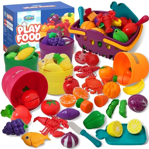 Kids cutting play food kitchen set with fake fruits and veggies, comes with basket, cutting board and knife. Great pretend play educational toy, perfect summer leisure and birthday gift for toddlers.