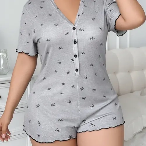 Plus Size Bow Print Ribbed Vneck One-Piece Pajamas, Button Front Sleepwear with Flounce Hem, Comfortable Feminine Nightwear, Casual Loungewear, Women Pjs, Stretchy Onesie, Pajama Onesies