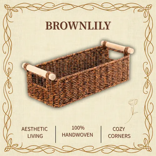BROWNLILY Narrow Storage Basket for Small Items, 6.5 Inch Wide Handwoven Faux Rattan Wicker Organizer with Wooden Handles, Slim Countertop Caddy for Bathroom Vanity, Kitchen, Entryway and Guest Room
