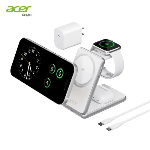 Acer MagSafe-Compatible 3-in-1 Wireless Magnetic Charger - Palm-Size Folding Gadget for iPhone 17/16, Smartphone, Smart Watches, Wireless Earbuds, Includes Cable & Adapter (Non-Battery Mobile Phone Accessory)