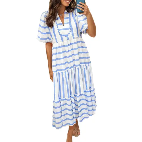 Mntaor Women's Chic Stripe Dress with Ricrac Trim & Notched Neck Half Sleeve Flowy Tiered Hem Ideal for Seaside Getaways Vacations & Romantic Dinners Casual Womenswear Blue Elegance