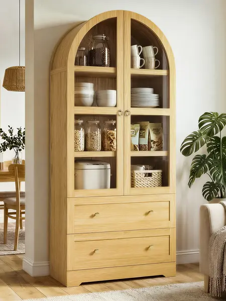 LIKIMIO 71" Tall Arch-Shaped Floor-Mounted Kitchen Pantry Cabinet with Glass Doors, Farmhouse Wood Furniture with 2 Large Drawers, Adjustable Shelves, Curved Tall Cupboard & Sideboard with Storage for Dining Room, Living Room
