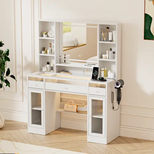 【Fall Deals For You】 WeCharmer Vanity Table Set with LED Mirror - Modern Minimalist Adjustable Self-Contained Drawer-Style Bedroom Furniture, Stylish Makeup Vanity with Integrated Storage, Ideal for Room Decor, Women's Gifts, Stylish Makeup Vanities