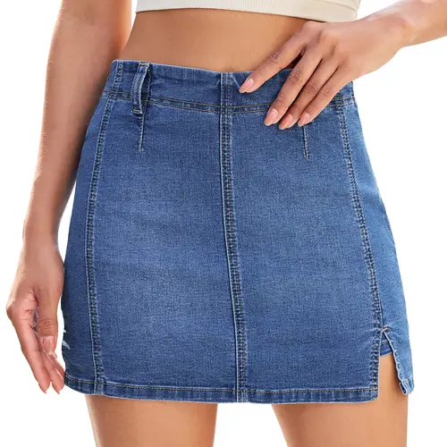 luvamia Women's High-Waisted Stretchy Denim Jean Skorts - Side Slit Mini Bottoms with Built-In Shorts, Fitted Basic Style for Country Concerts, Parties