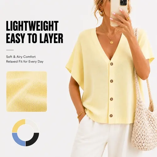 FireSwan Women's Basic Lightweight Knitwear Cardigan, Batwing Short Sleeve Oversized Button-Up V-Neck Breathable Stylish Layering Top for Summer, Early Fall, Back to School Outfits, Tops for Women