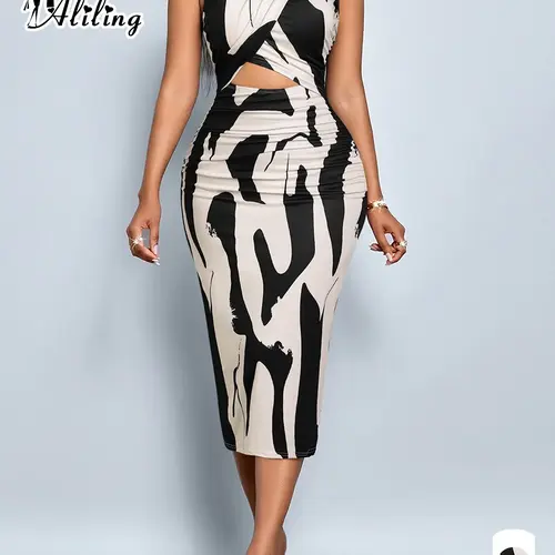 【Black Friday】Aliling Women's Elegant All Over Print Dress, Casual Sleeveless Cutout Bodycon Dress, Fashionable Slim-fitting Midi Dress for Ladies, Chic Trendy Summer Dress