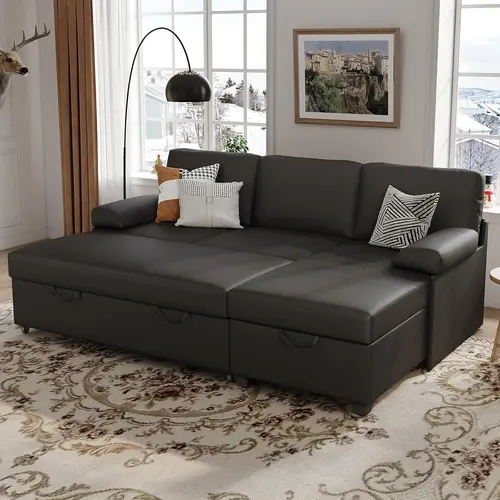 COPIAE Modern Upholstered Sectional Sofa Couch - 80"w 55.1"d (80x55 in), L-Shaped Reversible Left/Right Chaise, Pull-Out Bed, Hidden Storage, Removable Armrest, Pre-Cut Parts, 55.1"l x 26"w x 17.3"d, Seats 3 People, for Living Room, Bedroom