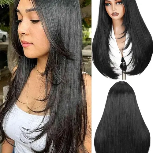 Long Straight Wigs for Women, 26 Inch Layered Wig, Middle Part Synthetic, Glueless, Heat Resistant, Hair Replacement Wigs, Synthetic Material Wigs