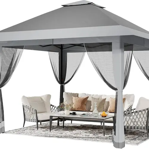 Garvee 13x13 Pop Up Metal Frame Canopy, Outdoor Steel Frame Sun Shelter with Mesh Netting, Double Vented Roof, Adjustable Heights, Easy Setup Waterproof Party Tent for Backyard & Patio, Sturdy Khaki Metal Structure,summerwins