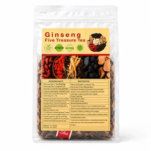 5-Treasure Ginseng Nourishing Wellness Tea Bags (2 Packs, 60-Bag Value Pack, 5g Each) - All-Natural Kidney-Nourishing Drink for Adults with Red Date, Wolfberry, Mulberry, Summer Beverage