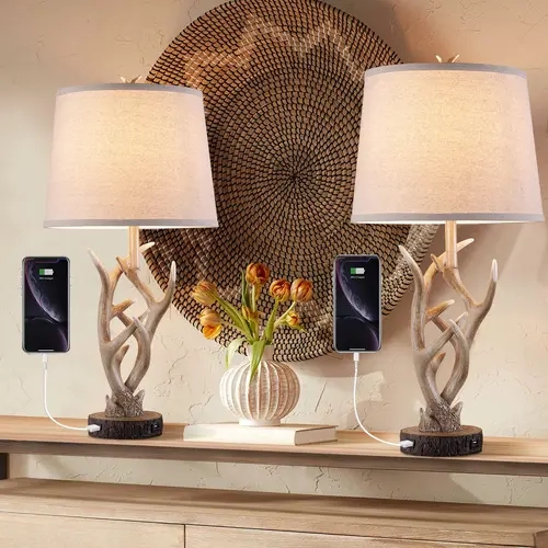 LOKHOM 2-Piece Resin Modern Rustic Antler Table Lamps - 26in Brown Plug-In with 2 USB Ports, Farmhouse Home Decor, Rustic Western Look, Accent Lighting for Bedroom, Living Room Apartment Accessories