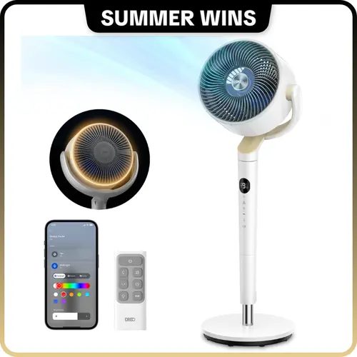 dealsforyou|DREO Smart Pedestal Fan for Bedroom, 120°+120° Omni-Directional Oscillation, Quiet 100ft Cooling Fan with RGB Light, 9 Speeds, 6 Modes, 20dB Quiet, 8H Timer, Wi-Fi Voice & Alexa Control, 37-42" Adjustable Height Floor Fan with Remote