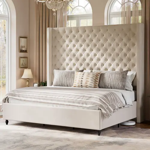 AMERLIFE Bed Frame with 63" Tall Headboard, Upholstered Wingback Platform Design, Handcrafted Pleats & Deep Button Tufted, Solid Wood Legs, No Box Spring Needed[TikTokShopFallDealsForYou]