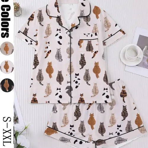 Women's Spring Summer Sleepwear Pajamas Set, Cute Cat Family Floral Print, Casual Fitted Shirt & Elastic Shorts, Valentine's Day Gift