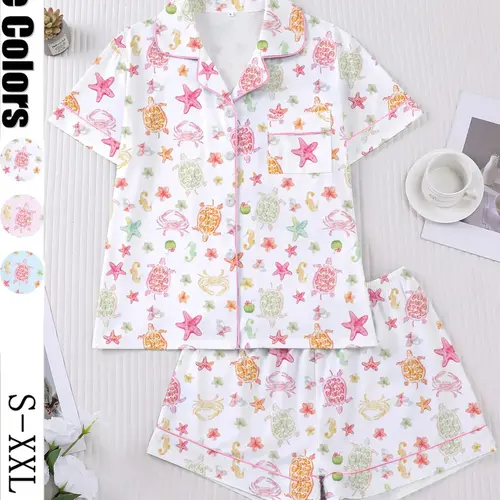 Women's 2-Piece Short Sleeve Sleepwear Set, Pajama Set, Homewear & Loungewear, Fun Oceanic Cartoon Print, Casual Nightwear, Comfortable Lapel Top & Wide Leg Shorts, Lounge Sets Loungewear