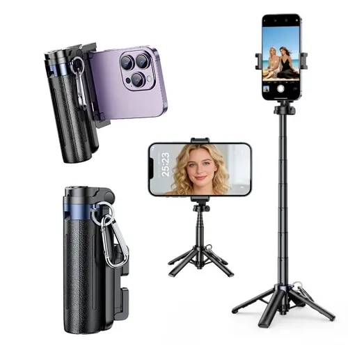 INFOJIFA 4-in-1 Alloy Selfie Stick - Bluetooth Remote Control, 360° Rotation Camera Mount, Tripod, Handheld Stand, Foldable, Type-C USB, for Vlogs, Landscape Shots, Compatible with iPhone 16/15/14/13 Series, iPhone SE, Smartphone, Cellphone Accessories