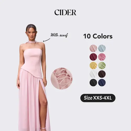 Cider Elegant Vacation Bandeau Dress for Beach Holiday, Sexy Lace Up Maxi Dresses, Ladies Sundress with Scarf, Party Gowns