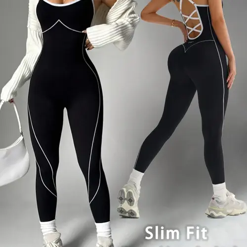 Women's Seamless Colorblock Yoga Sporty Jumpsuit, Adjustable Straps, Criss Cross Back Design, Sleeveless, Above Ankle, All Seasons, Workout Jumpsuit, Yoga Workout Jumpsuits