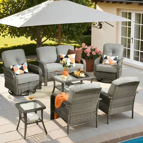 【Deals For You】OVIOS 7-Piece Outdoor Patio Furniture Set with Swivel Rocking Chairs & Coffee Table, All-Weather Wicker Rattan Sofa Conversation Set with Cushions for Backyard, Patio, Porch, Deck & Garden