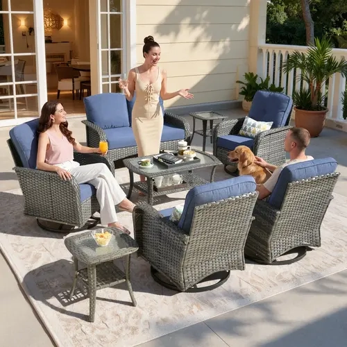 【Deals For You】OVIOS 8-Piece Outdoor Patio Furniture Set with High-Back Swivel Rocking Chairs & Coffee Table, All-Weather Wicker Sofa Conversation Set with Cushions for Backyard, Patio, Porch, Deck & Garden