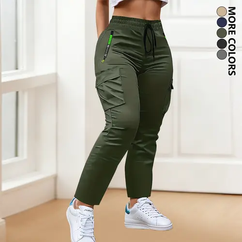 Female Lightweight Cargo Pants - Athletic, Straight Cut, Elastic Waistband with Drawstring, Multiple Zippered Pockets, Machine Washable, Suitable for Outdoor & Date Use, All-Season Casual Womenswear