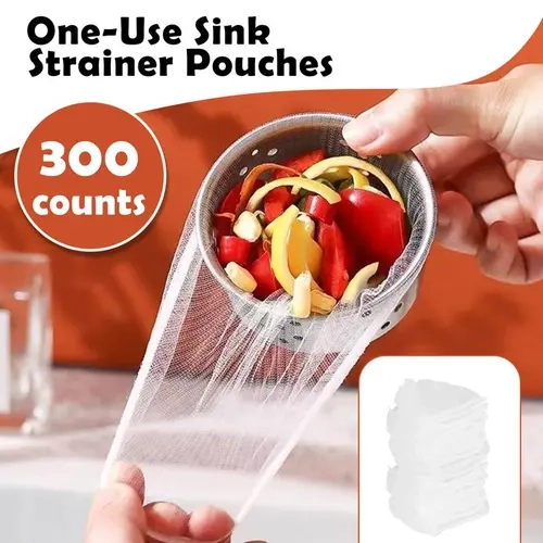 300-Count Disposable Stretch-to-Strain Fine Mesh Sink Drain Strainer Bags, Quick Sink Cleanup Kit with Hands-Free Flat Floor Mop Bucket Set, Suction Cup Sponge Holder, Glove Clip Case (2023-2025 Semiannual Sale)