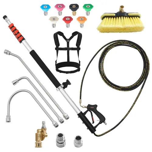【ToolUpgrade】VEVOR 25 FT Adjustable Pole Power Washer Lance Full Set - 4000 PSI Ready, High-Pressure Hose, Cleaning Brush, 7 Nozzles, 7-Position Pivoting Coupler, Hose Adapter, Upgrade Support Belt, Storage Bag for High Areas, Roof Walls