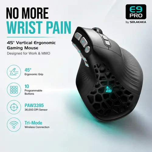 SOLAKAKA E9 PRO Ergonomic Vertical Mouse for Office & Productivity, 45° Grip Wireless Mouse with 10 Programmable Side Buttons, Tri-Mode 2.4G/Bluetooth/Wired, PAW3395 36000 DPI, 1000mAh Rechargeable Mouse for PC/Mac - Black