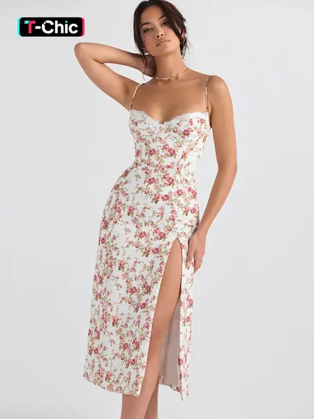Women's Ditsy Floral Print Contrast Lace Side Split Bodycon Spaghetti Strap Cami Dress, Bohemian Boho Style Casual Wear Sleeveless Midi Dress for Summer Beach Holiday Vacation, Womenswear