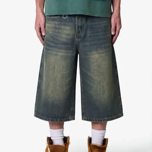 Men's Fashion Retro Wide-Leg Plain Tropical Jean Shorts with Pockets, Vintage Clothing, Loose High Street Sporty Style Denim Jeans, Vintage American Streetwear Distressed Pants, Summer Casual Football