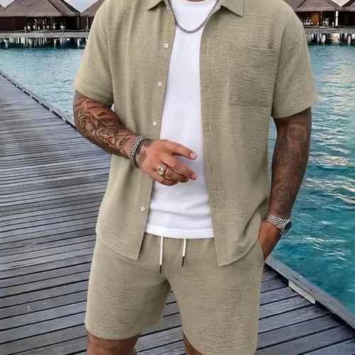Men's Two-Piece Matching Set, Short Sleeve Shirt & Drawstring Shorts, Casual Outdoor Summer, Tropical Breathable Natural Woven Fabric, Fitted Style