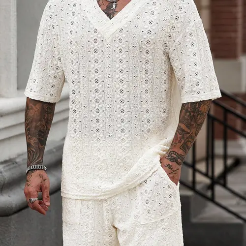 Men's Knitted Texture T-Shirt Set, V-Neck Short Sleeve Breathable Tee, Summer Two-Piece Set Outfit, Men's Casual Fashion Clothing