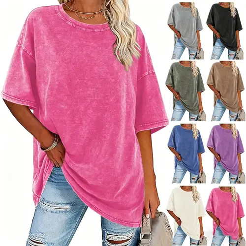 230g solid color summer 100% cotton vintage washed short-sleeve T-shirt for women, suitable for everyday wear, an ideal gift for women Summervibes