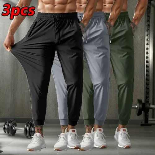 Men's Ice Silk Full-Length Drawstring Pants - Dry-Fit, Lightweight, Breathable, Stretchy Fabric, Zippered Pockets, Sohochic Casual Trousers, Ideal for Everyday Wear & Sports