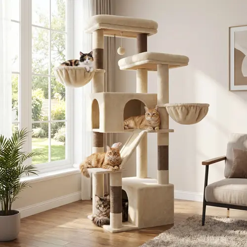 DESKAT 69-Inch Freestanding Heavy Duty Indoor Multi-Level Cat Tree - 2 Dual Condos (Double the Privacy), 2 Oversized Perches (High View), Floating Hammocks, Climb & Rest Scratcher for Big Cats